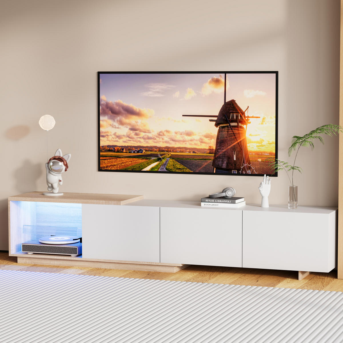 TV Lowboard LED 240x38x44 cm, integriert, Weiß - Weiß, Holz (240/44/38cm)