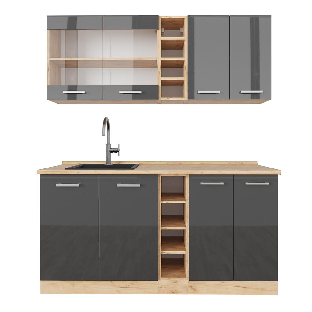 SINGLEKÜCHE R-Line Anthrazit Hochglanz/Goldkraft Eiche 160 cm ohne AP - Honigeiche/Anthrazit, Holzwerkstoff (160/81.6/46cm) - Vicco