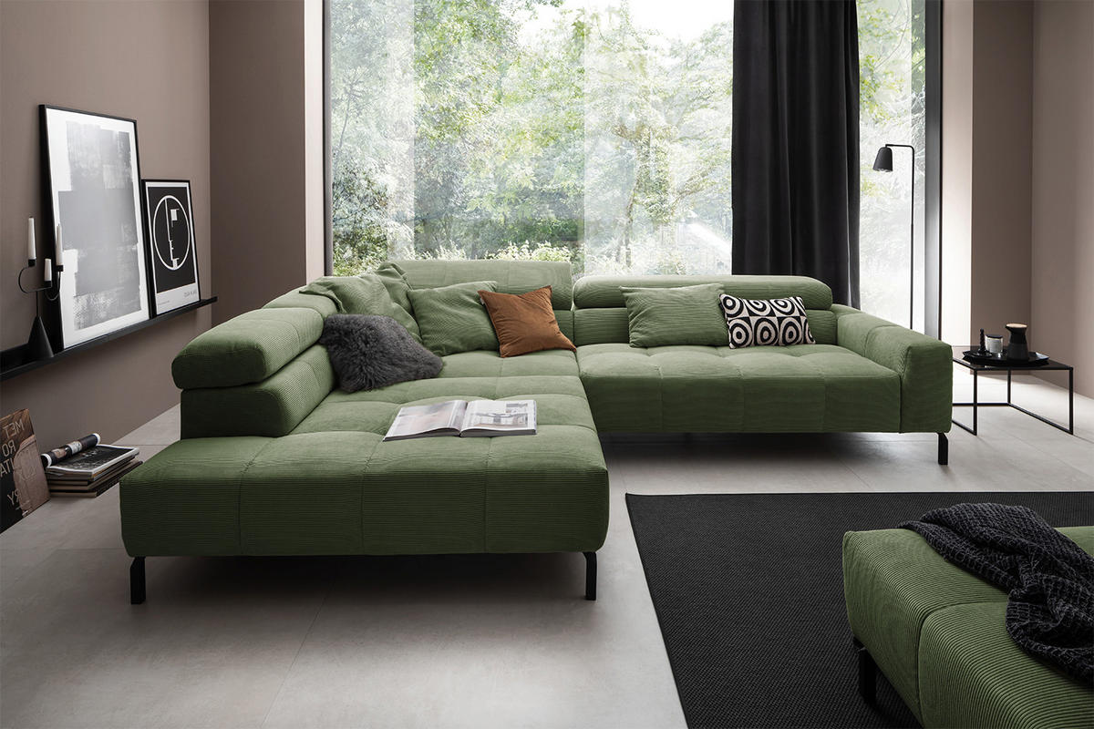 ECKSOFA MIT MOTORISCHEM SITZVORZUG OHIO Grün Cord - Schwarz/Grün, Textil/Metall (311/219cm) - KAWOLA