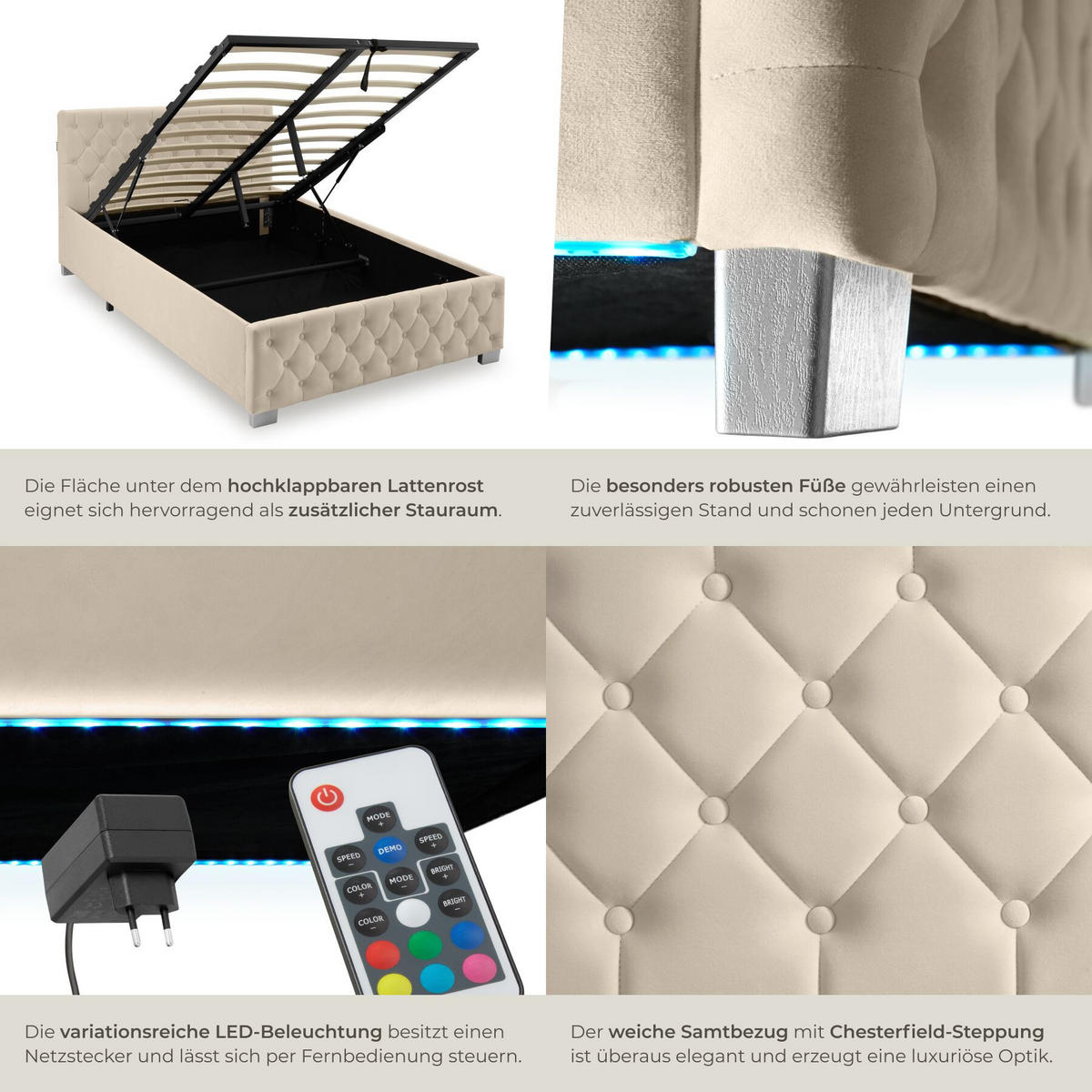 POLSTERBETT Sedona, großer Stauraum, Samtoptik sand - Gelb/Samtahornfarben, Holz (120/200cm) - tectake