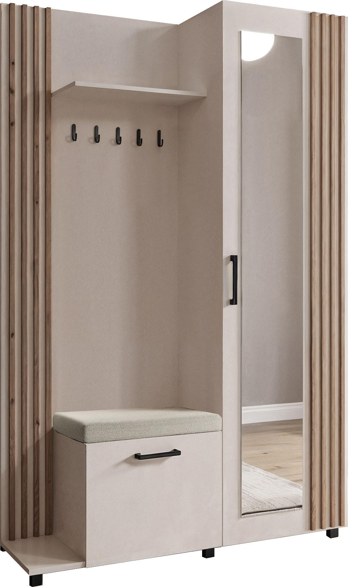 GARDEROBE Linaro mit Spiegel, Sitzbank in Lamellen-Optik 137/207/42 cm, Links - Kaschmir/Schwarz, Holzwerkstoff (137/207/42cm) - WFL GROUP