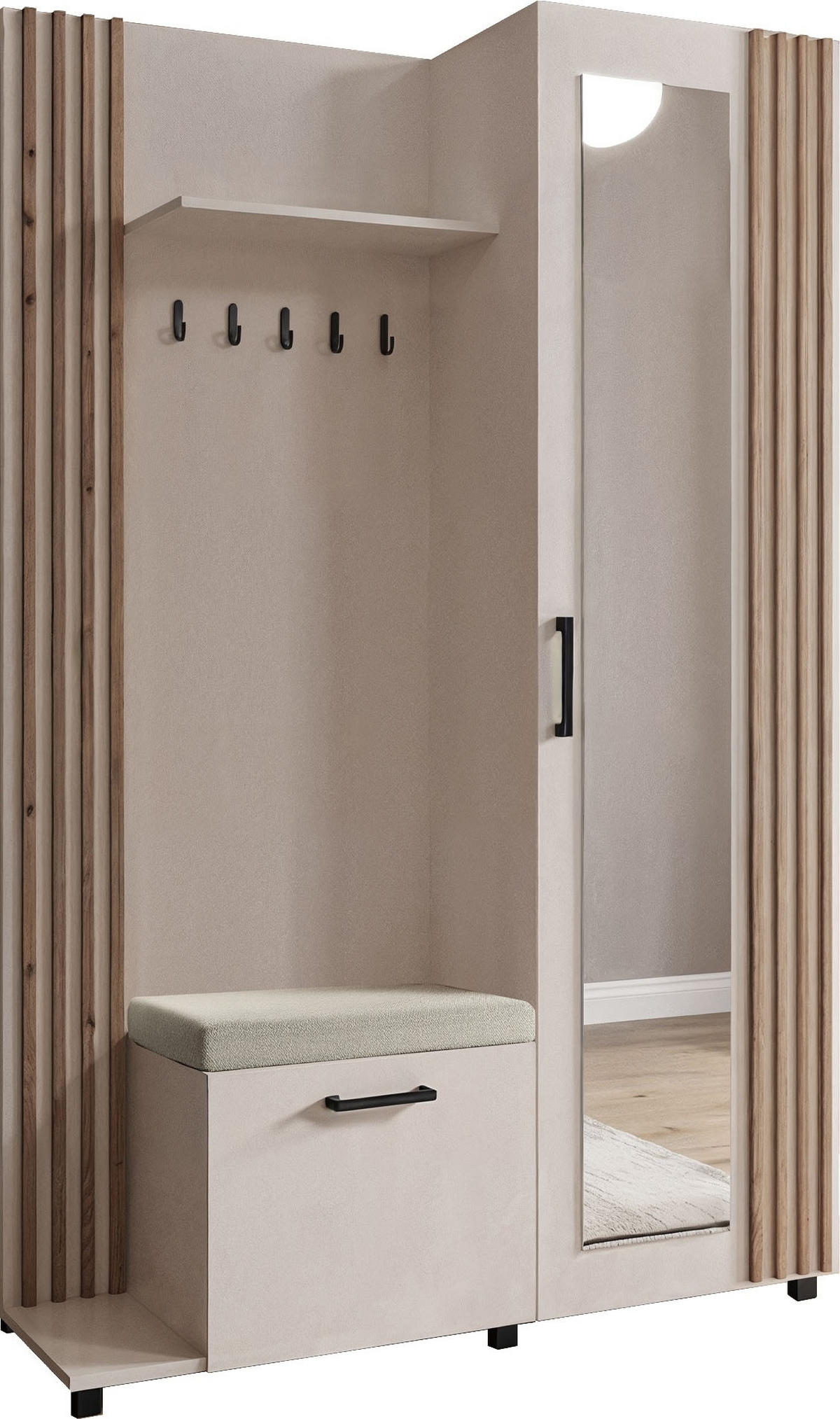 GARDEROBE Linaro mit Spiegel, Sitzbank in Lamellen-Optik 137/207/42 cm, Links - Kaschmir/Schwarz, Holzwerkstoff (137/207/42cm) - WFL GROUP