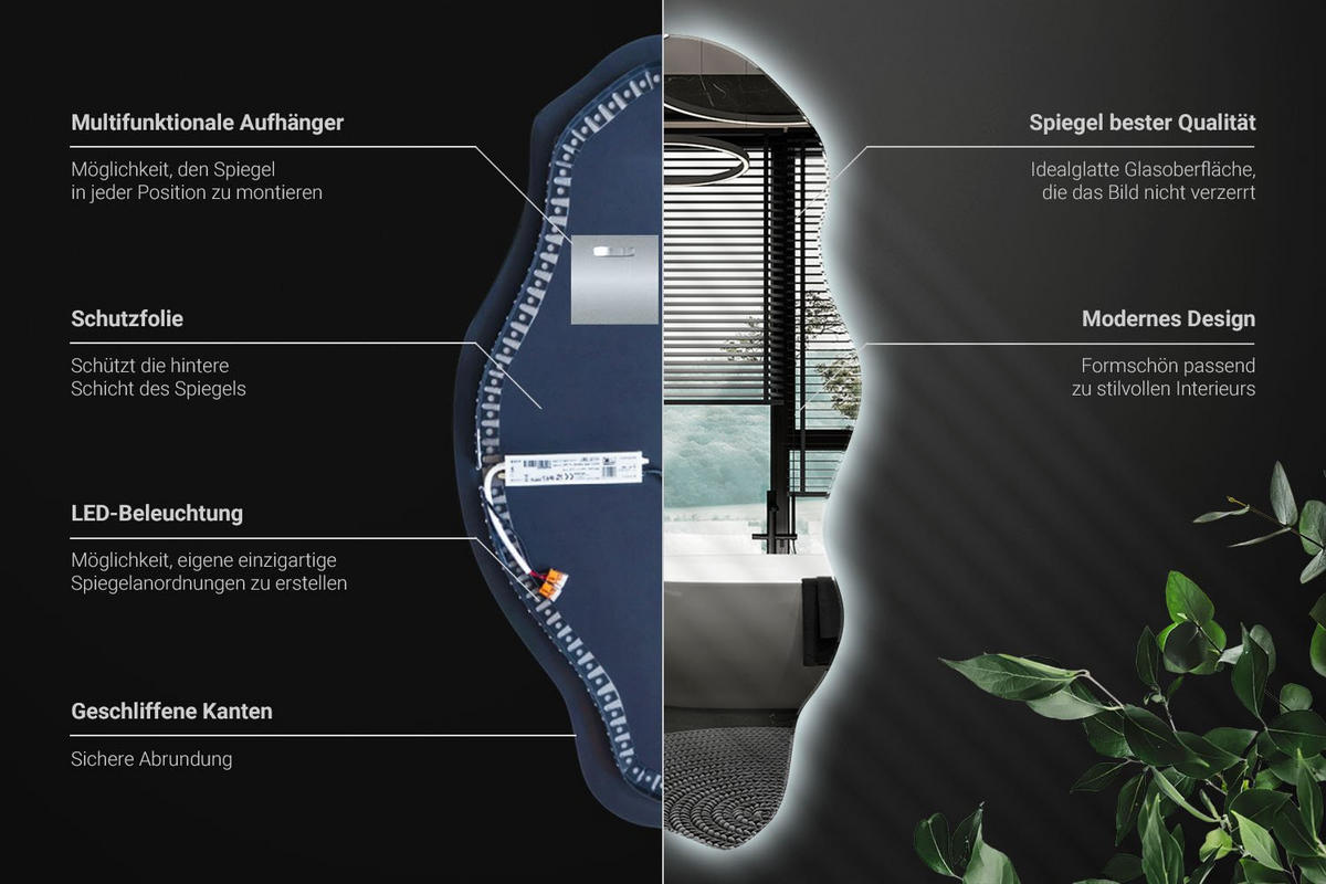 LED-SPIEGEL 45x90 cm Asymmetrisch Kaltweiß 6000K - Blau, Glas (45/90/0.4cm) - Wallfluent