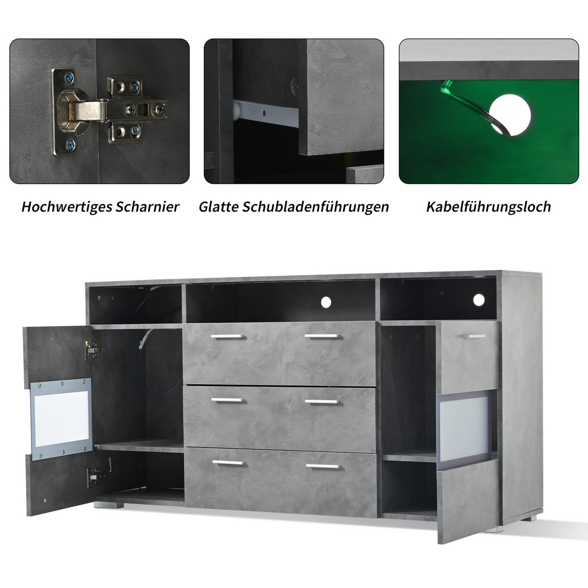 SIDEBOARD LED 2 Türen 3 Schubladen Grau 140cm - Grau, Holzwerkstoff (33.5/72.5/140cm) - FLIEKS