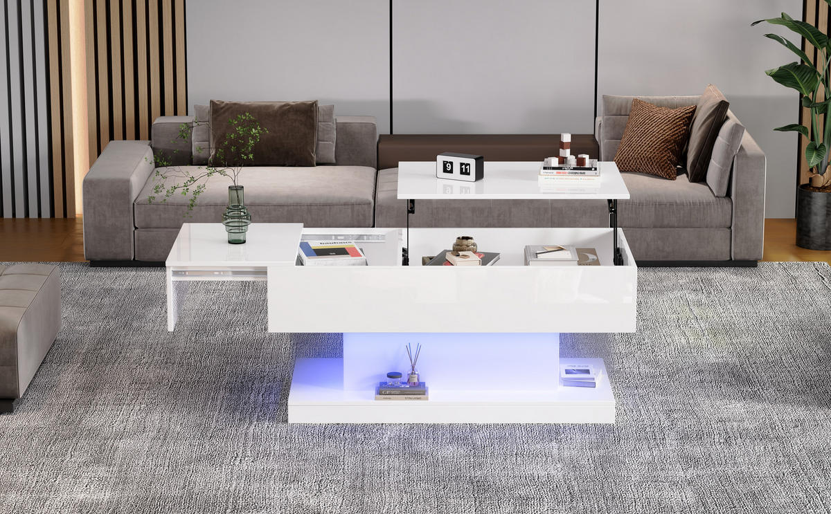 COUCHTISCH Weiß Hochglanz mit Stauraum & Lift-Top - Weiß, Holzwerkstoff/Metall (50/100/45cm) - Urban Meuble