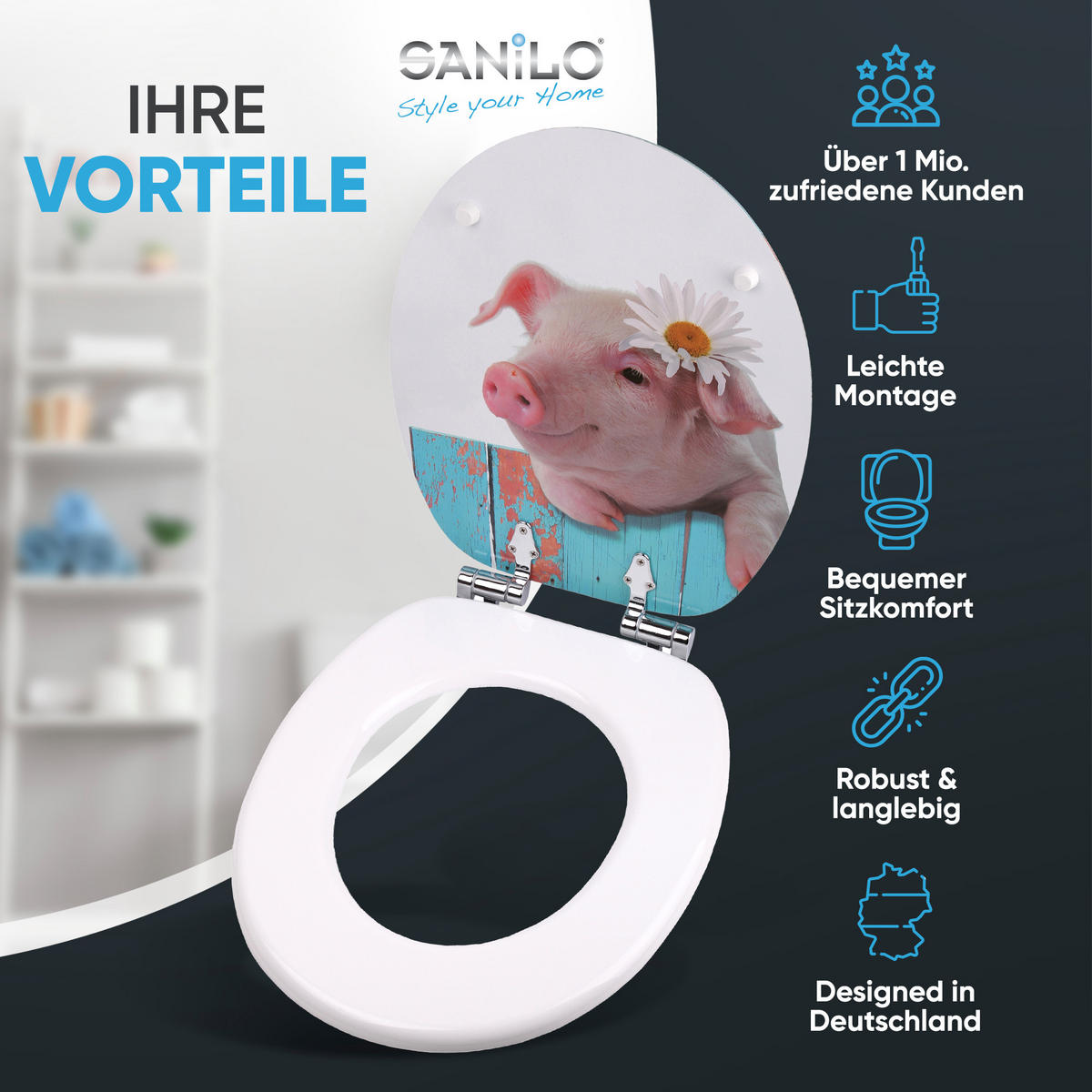 WC-SITZ mit Absenkautomatik Schwein - Türkis, Holzwerkstoff (38/6/47cm) - Sanilo