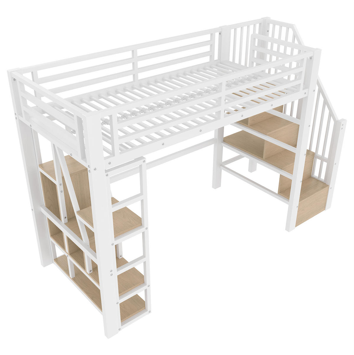 HOCHBETT 90/200 cm mit LED-Lichtleiste, Stauraumtreppe, Schutzgeländer und offenem Regaldesign, Weiß - Weiß, Holzwerkstoff (90/200cm) - Redom