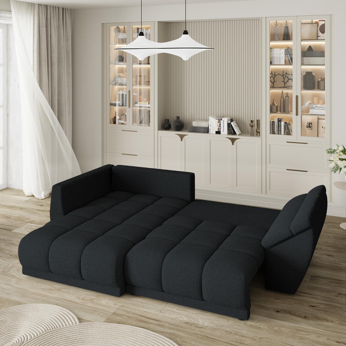 ECKSOFA ORENTI L-S Schwarz Boucle-Stoff mit Schlaffunktion - Schwarz, Holz (287/182cm) - MASSENO