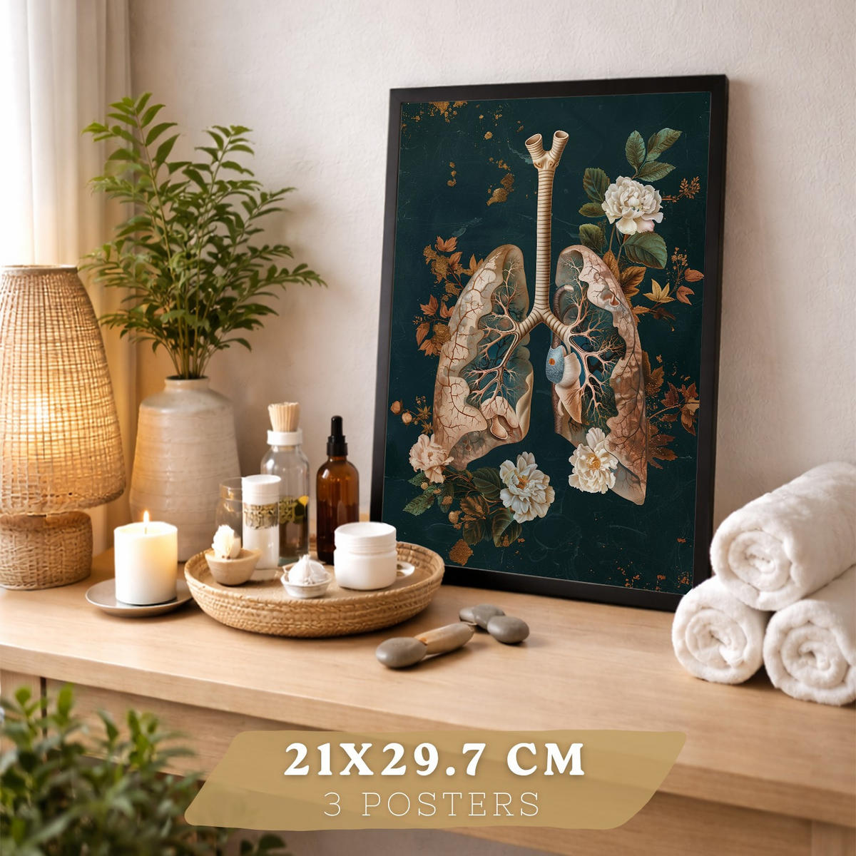 POSTER Set aus 3 Anatomie Mensch Drucke und Wandbilder mit Herz Atmungssystem und Skelett Botanischer Stil Wanddekoration Größe Schwarzer Rahmen A4 - Schwarz, Papier (21/29.7/3cm) - Nacnic