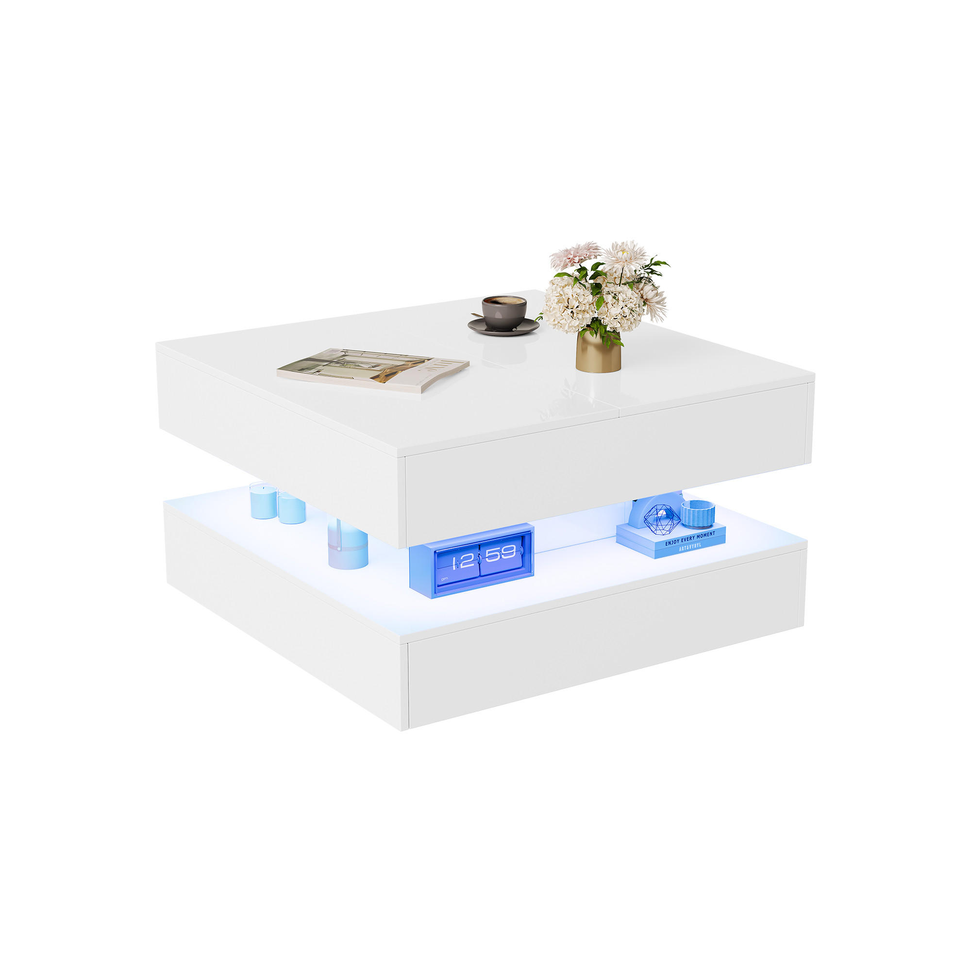 COUCHTISCH 78x78 cm mit RGB-LED & 2 Schubladen, Weiß Hochglanz - Weiß, Metall (78/78/43cm) - EuroLiving