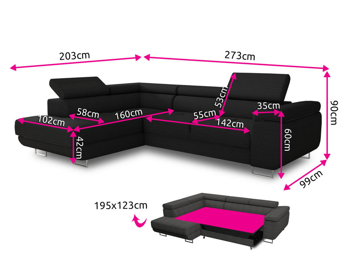ECKSOFA Caris Cord, Seite: Links - Blau, Holz/Textil (273/203cm) - Sofnet