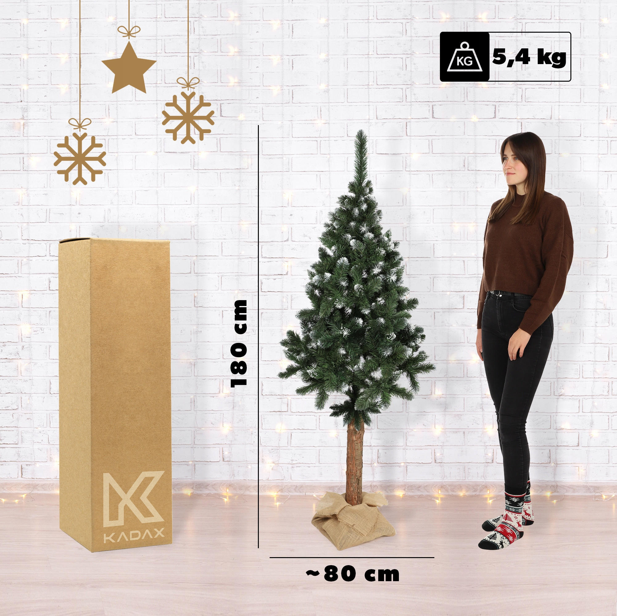 KADAX Künstlicher Weihnachtsbaum auf Stamm, Diamant, 180 cm, Kiefer - Braun/Grün, Holz/Kunststoff (180cm) - KADAX