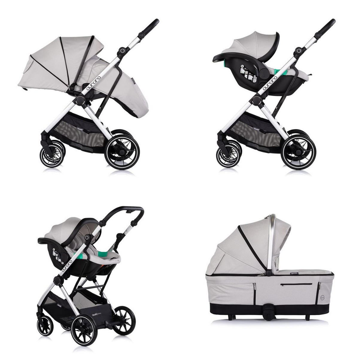 KOMBIKINDERWAGEN Aurora 3 in 1 hellgrau Babyschale Babywanne Sportsitz Tasche - Grau, Metall (84/57/112cm) - Chipolino