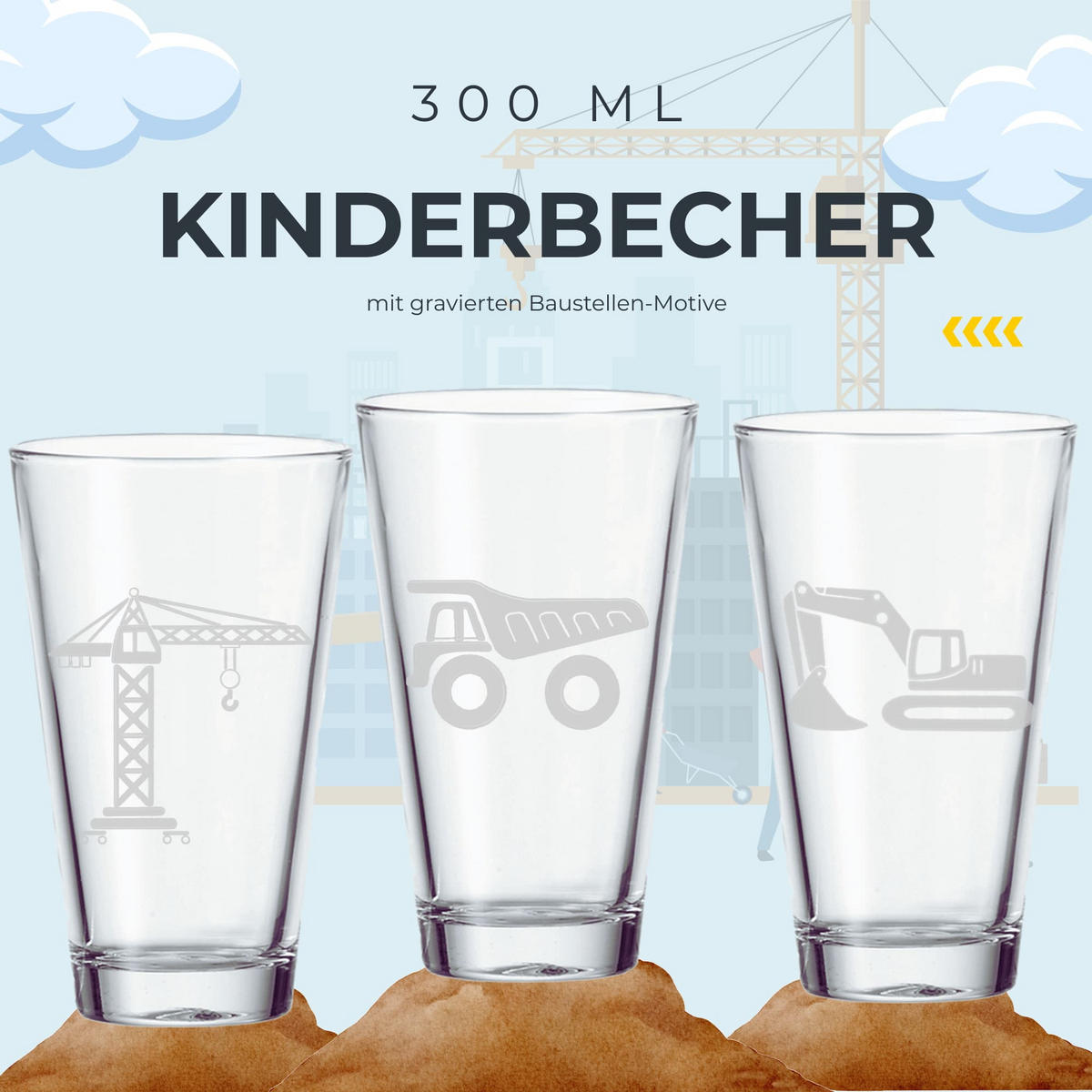 KINDERBECHER Baustellenfahrzeuge transparent 300 ml 3er Set - Transparent, Glas (0.3L) - LUXENTU