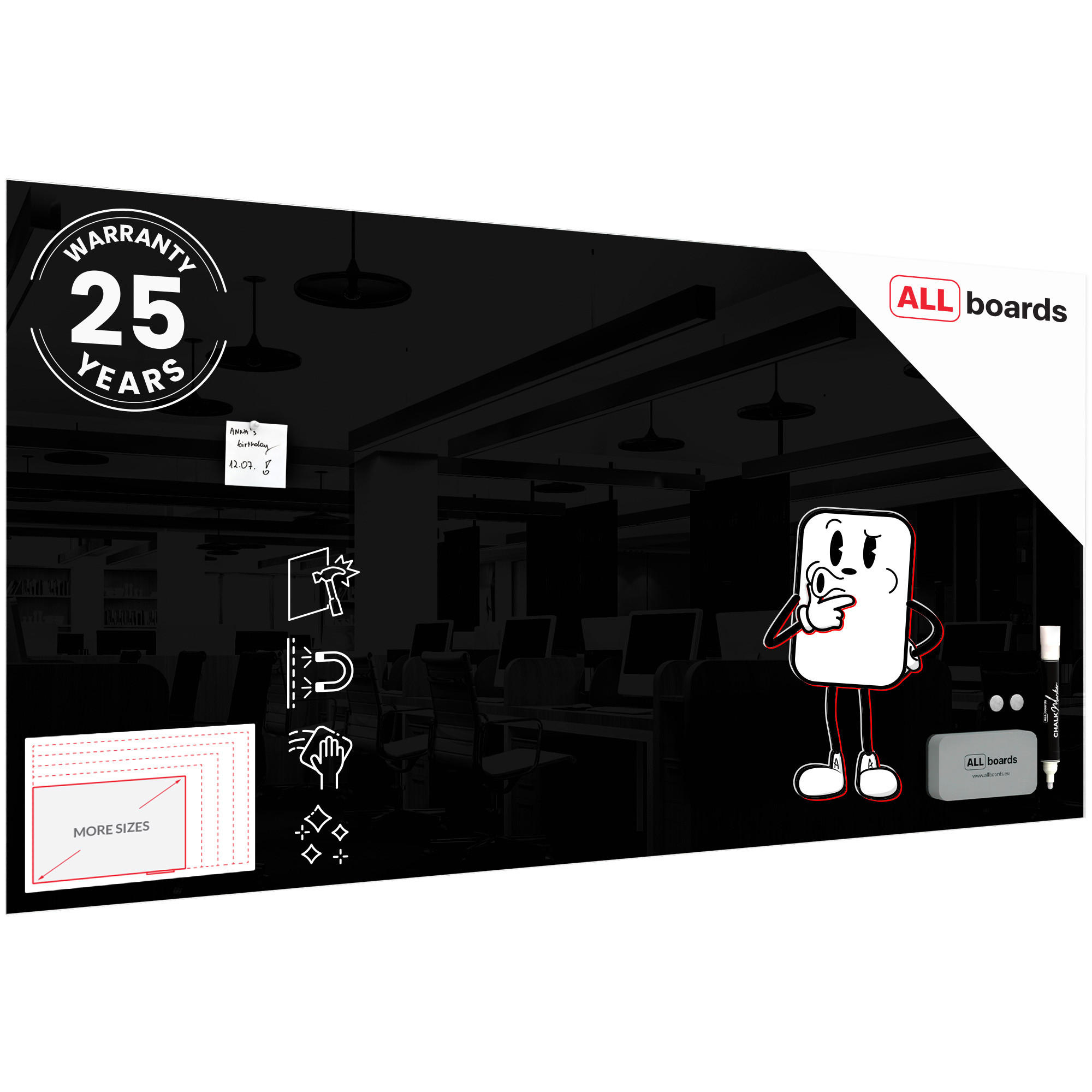 GLASBOARD - Schwarz 200x100cm + GRATIS - Schwarz, Glas (200/100/0.7cm) - ALLboards