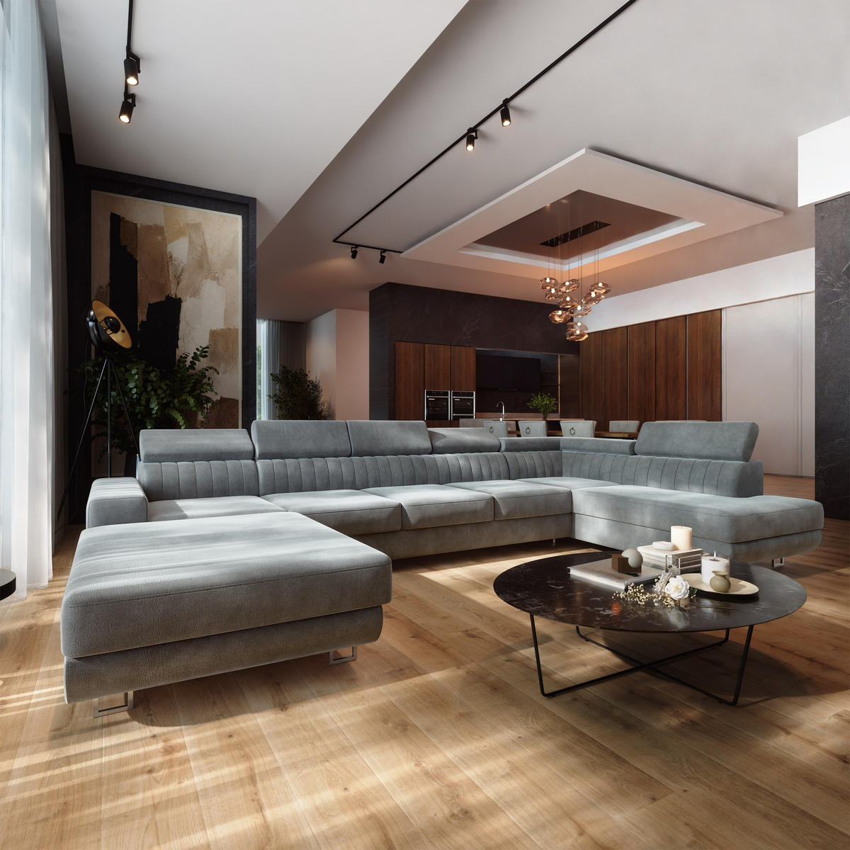 WOHNLANDSCHAFT GAIAN Hellgrau Velours-Stoff mit Schlaffunktion - Hellgrau, Holz (412/88/190cm) - MASSENO