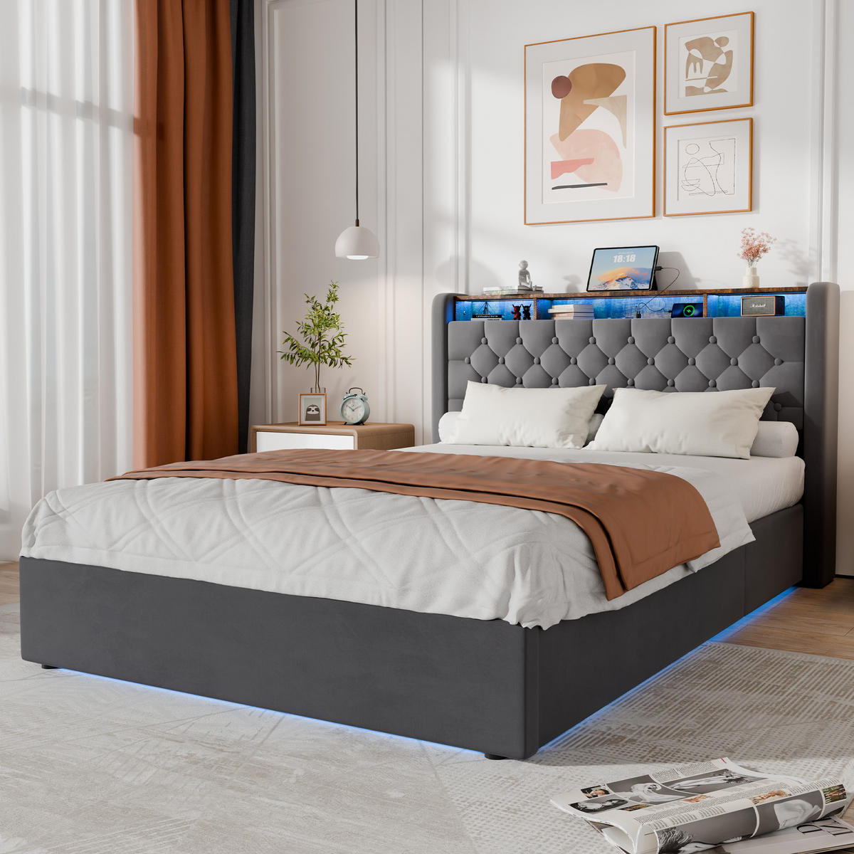 POLSTERBETT 140/200 cm in Grau, mit Bettkasten, LED und USB, ohne Matratze - Grau, Holzwerkstoff/Textil (140/200cm) - WISHDOR