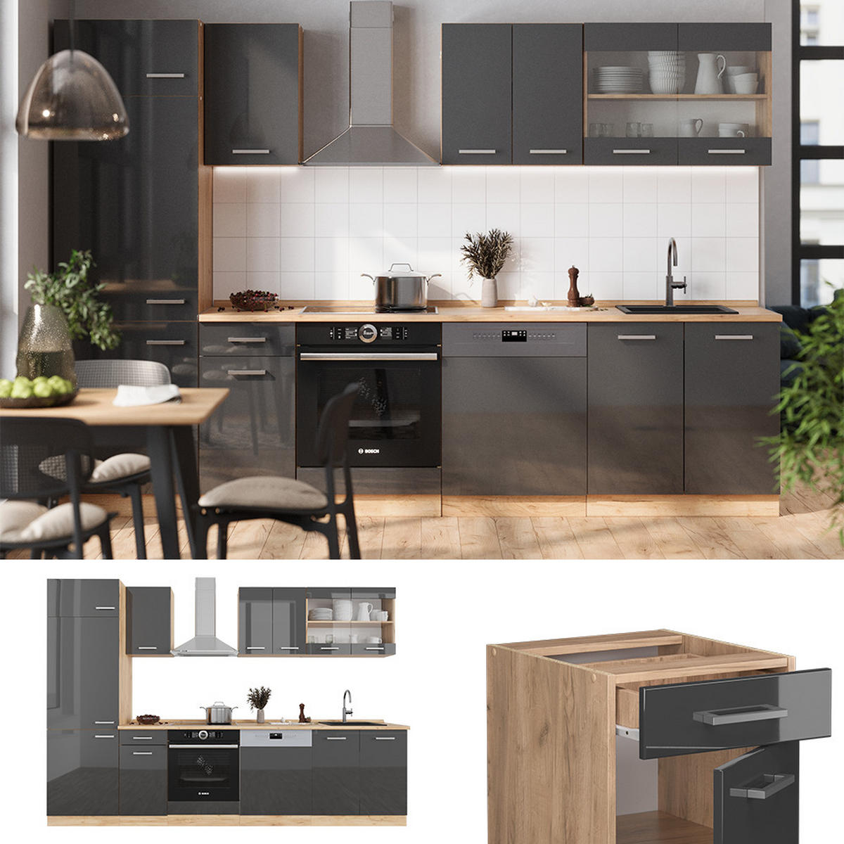 KÜCHENZEILE R-Line Anthrazit Hochglanz/Goldkraft Eiche 300 cm ohne AP - Anthrazit/Eiche Wotan, Holzwerkstoff (300/81.6/46cm) - Vicco