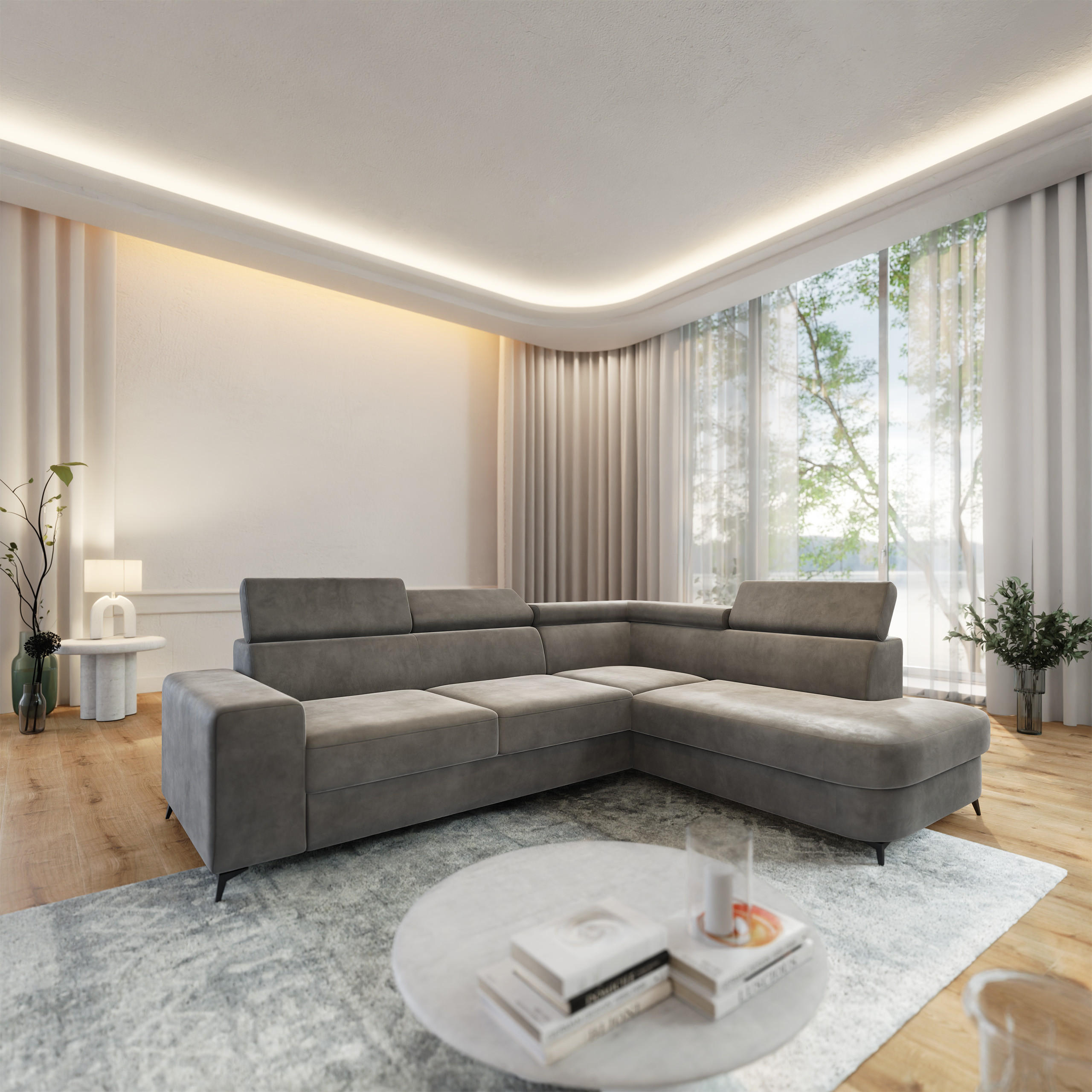 ECKSOFA ALVORO R-S Grau Velours-Stoff mit Schlaffunktion - Grau, Holz (253/190cm) - MASSENO