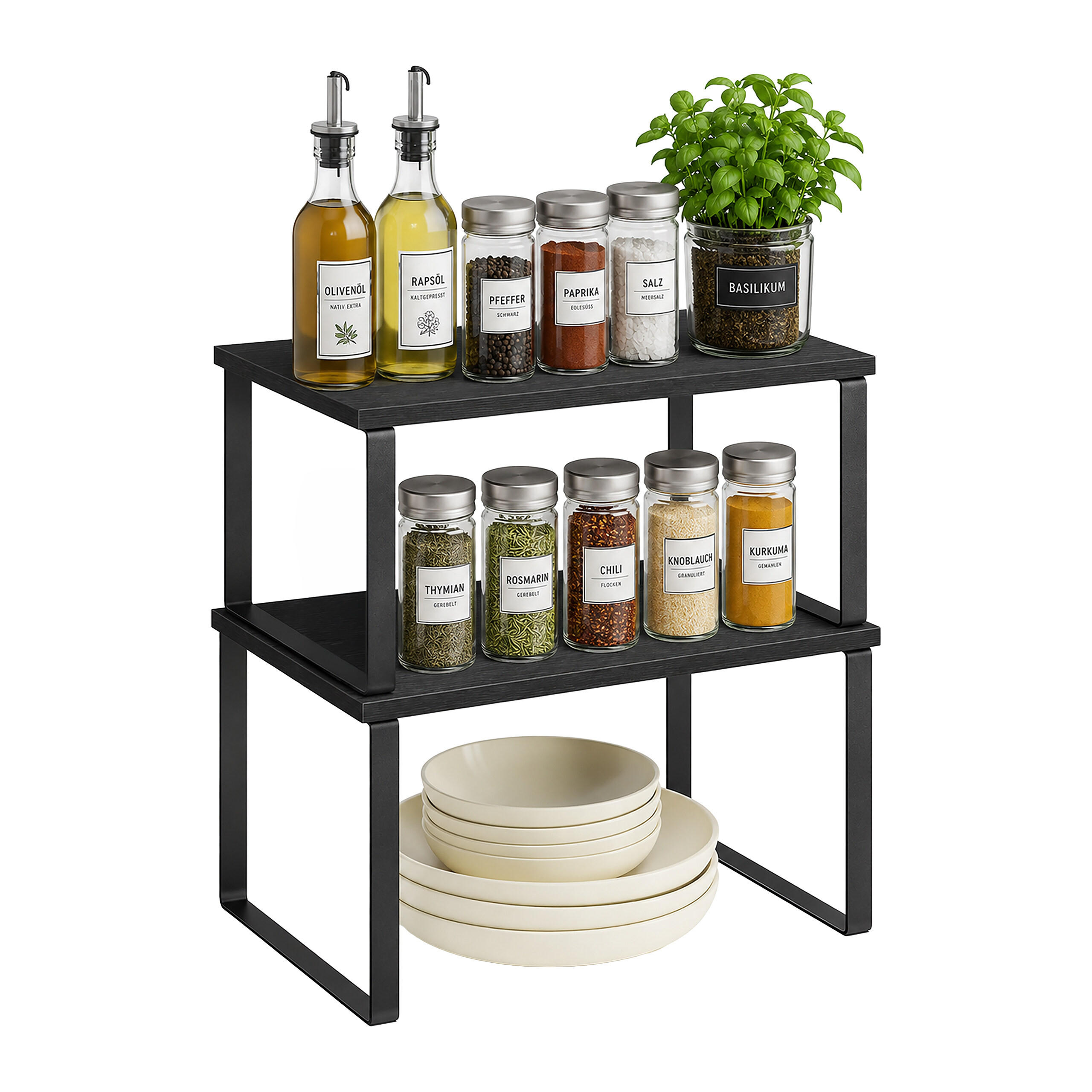 GEWÜRZREGAL Schwarz 2er-Set stapelbar MDF Eisen 60 cm - Schwarz, Holz/Metall (29.5/15.5/30cm) - Relaxdays