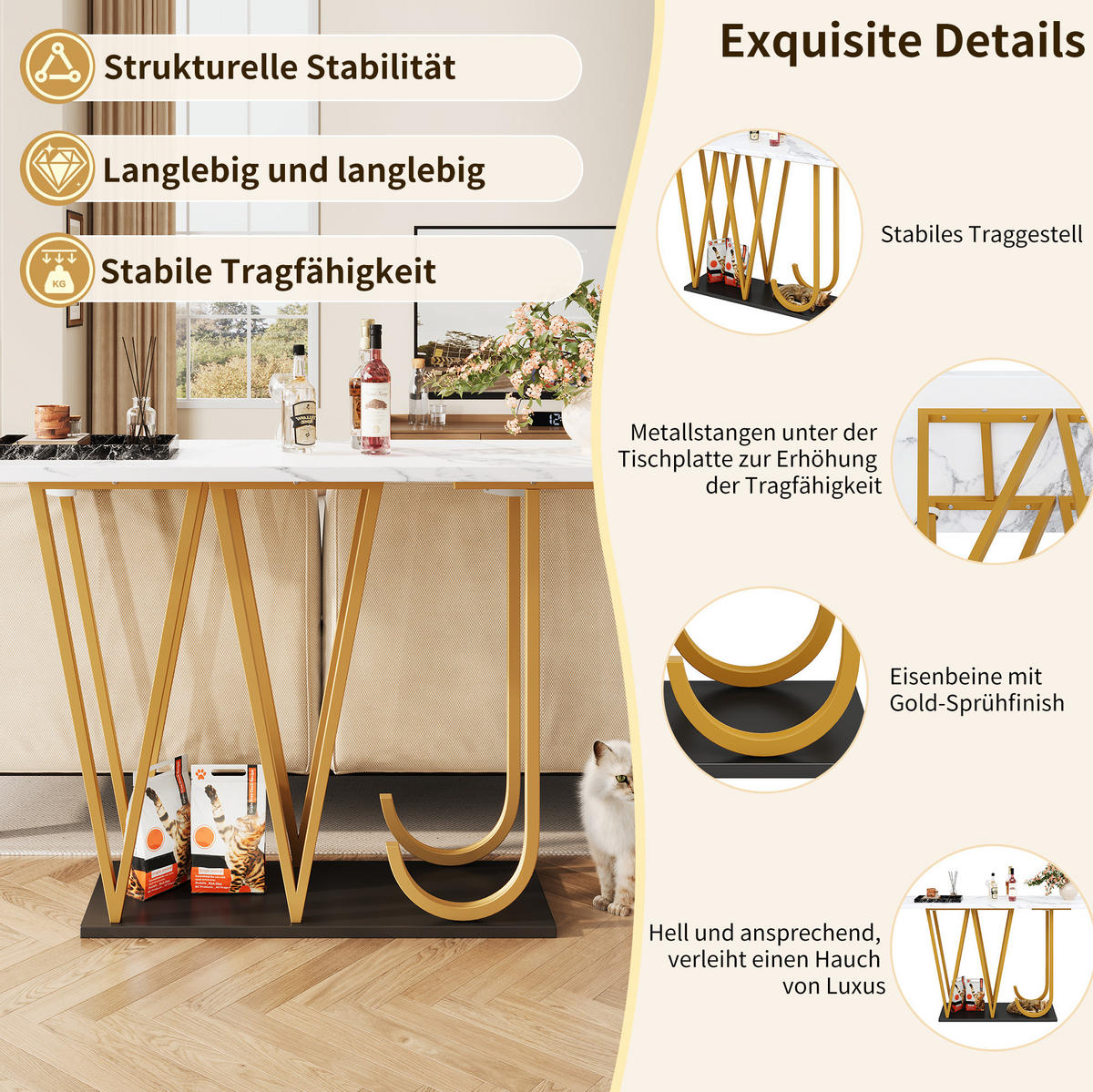 KONSOLENTISCH 120/29,5/80 cm Weiß Marmoroptik mit Stauraum aus MDF Metall - Weiß, Holzwerkstoff (120/29.5/80cm) - OKWISH