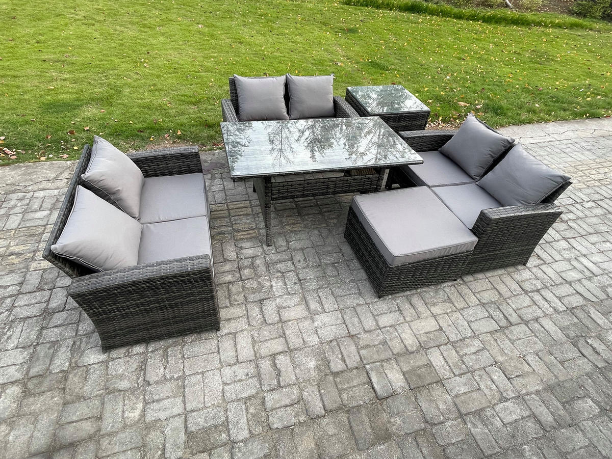 GARTENMÖBELSET mit Zweisitzer,Esstisch,Hocker,Beistelltisch Polyrattan Dunkelgrau 7-Sitzer - Dunkelgrau/Grau, Glas/Kunststoff - Fimous