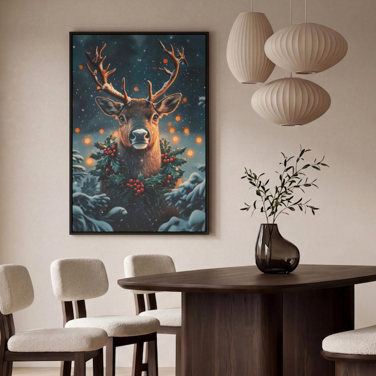 LEINWAND Bilder mit Rahmen - Hirsch - Weihnachten - Winter - Schnee - Weihnachtskranz - 80x120 - Dunkelbraun, Textil (80/120cm) - MuchoWow
