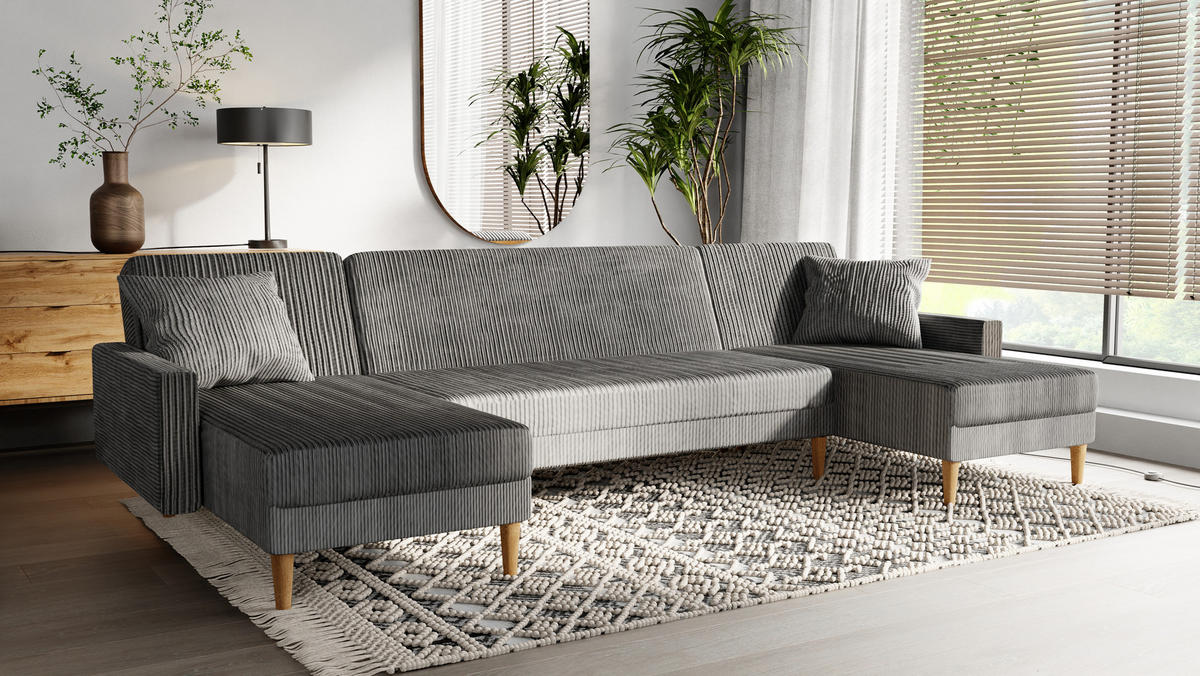 ECKSOFA mit Schlaffunktion U-Form, Hellgrau - Grau, Holzwerkstoff/Textil (330/134cm) - Idohome