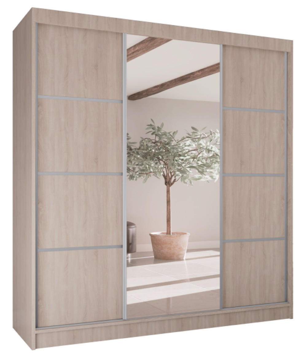 SCHIEBETÜR-SCHRANK Sonoma Eiche V200 Mit Spiegel Und Silbernen Sprossen - Braun, Holzwerkstoff (200/215/61cm) - Sepro Meble
