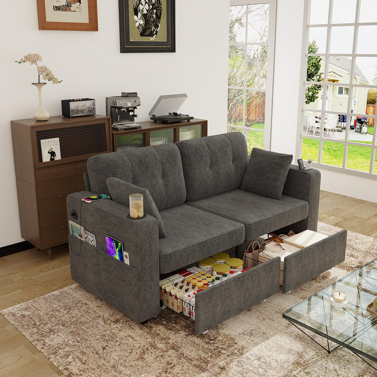2-SITZER aus Chenille 172x75x82 cm in Grau mit USB-Anschlüssen & Stauraum - Grau, Textil (75/82/172cm) - Modfu