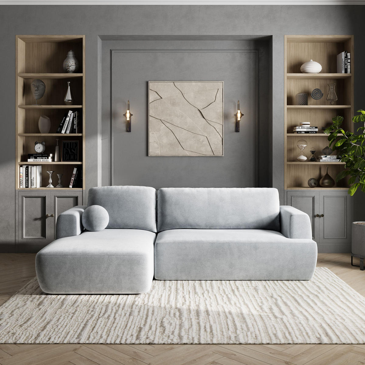 ROHOVÁ SEDAČKA SENTI světle šedá - černá/světle šedá, dřevo/textil (246/148cm) - MASSENO