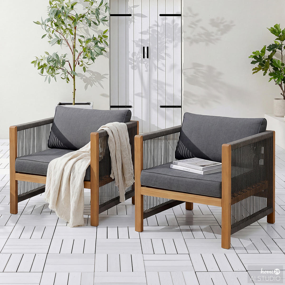 LOUNGESESSEL - 2er-Set - Akazie massiv / Polyester - Braun / Beige - Braun/Grau, Holz/Textil (64/76/66cm) - home24