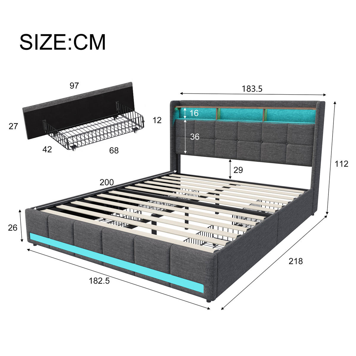 POLSTERBETT 180x200 cm Grau Stoff LED USB Typ-C 4 Schubladen - Schwarz, Holz (180/200cm) - SHOPENTRA