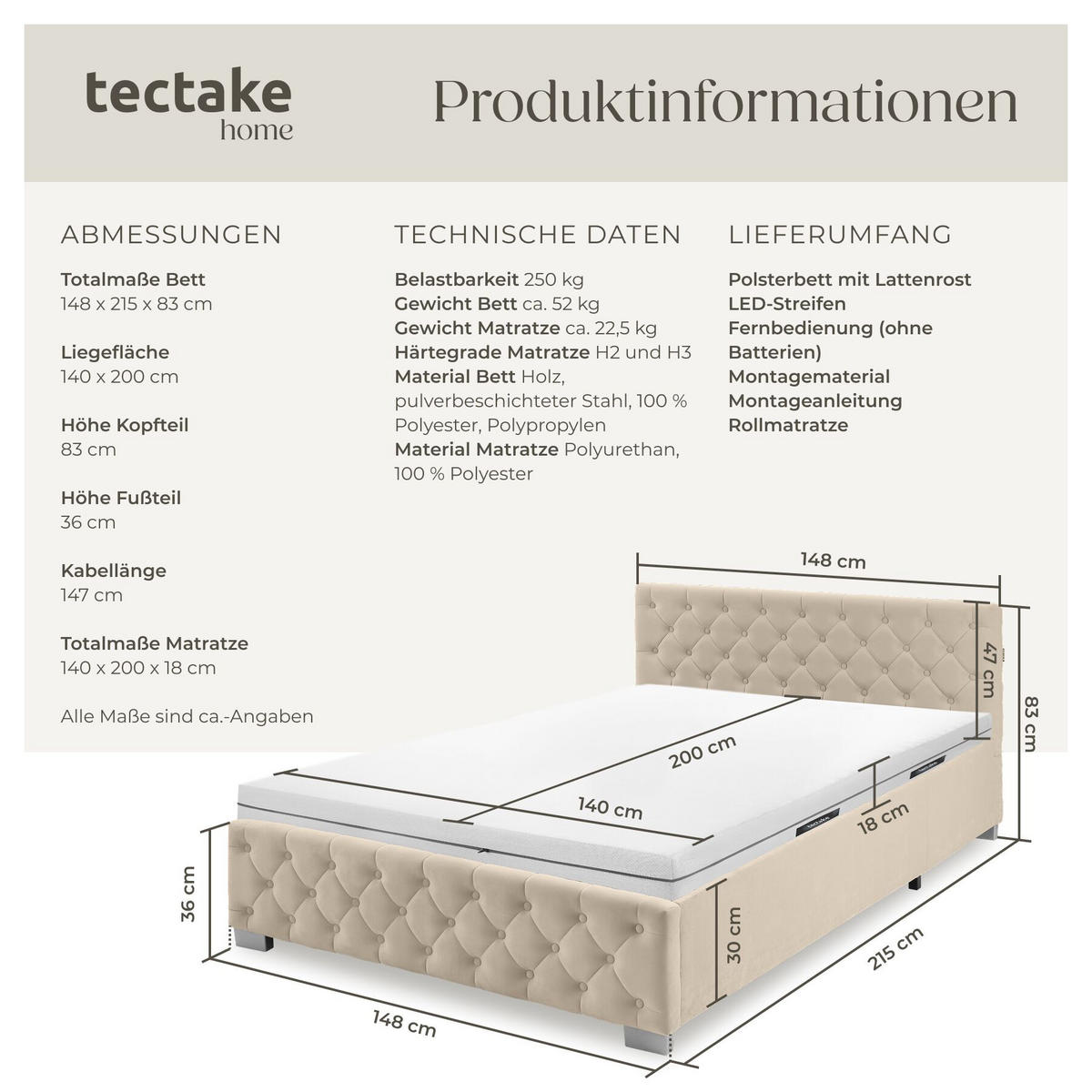 BETTSET , großer Stauraum unter dem hochklappbaren Lattenrost, Samtoptik sand - Gelb/Samtahornfarben, Holz (140/200cm) - tectake