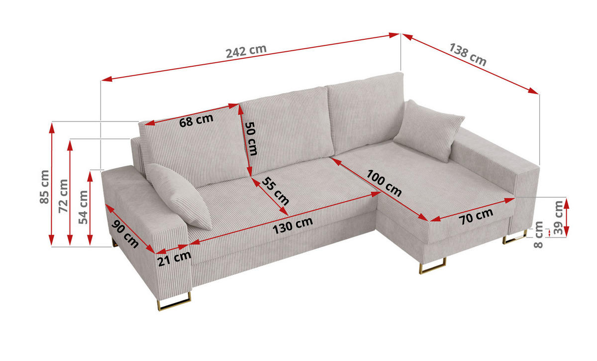 ECKSOFA Dorian Cord Weiß - Goldfarben/Weiß, Textil/Metall (242/138cm) - MKS