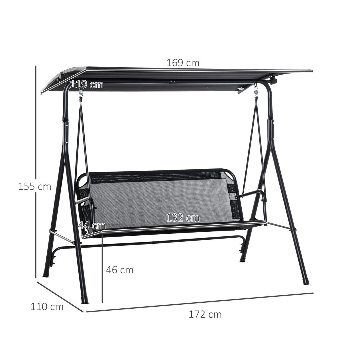 HOLLYWOODSCHAUKEL, UV-beständig, Metallrohr, winkeleinstellbar, Schwarz - Schwarz, Metall (110/155/172cm) - Outsunny