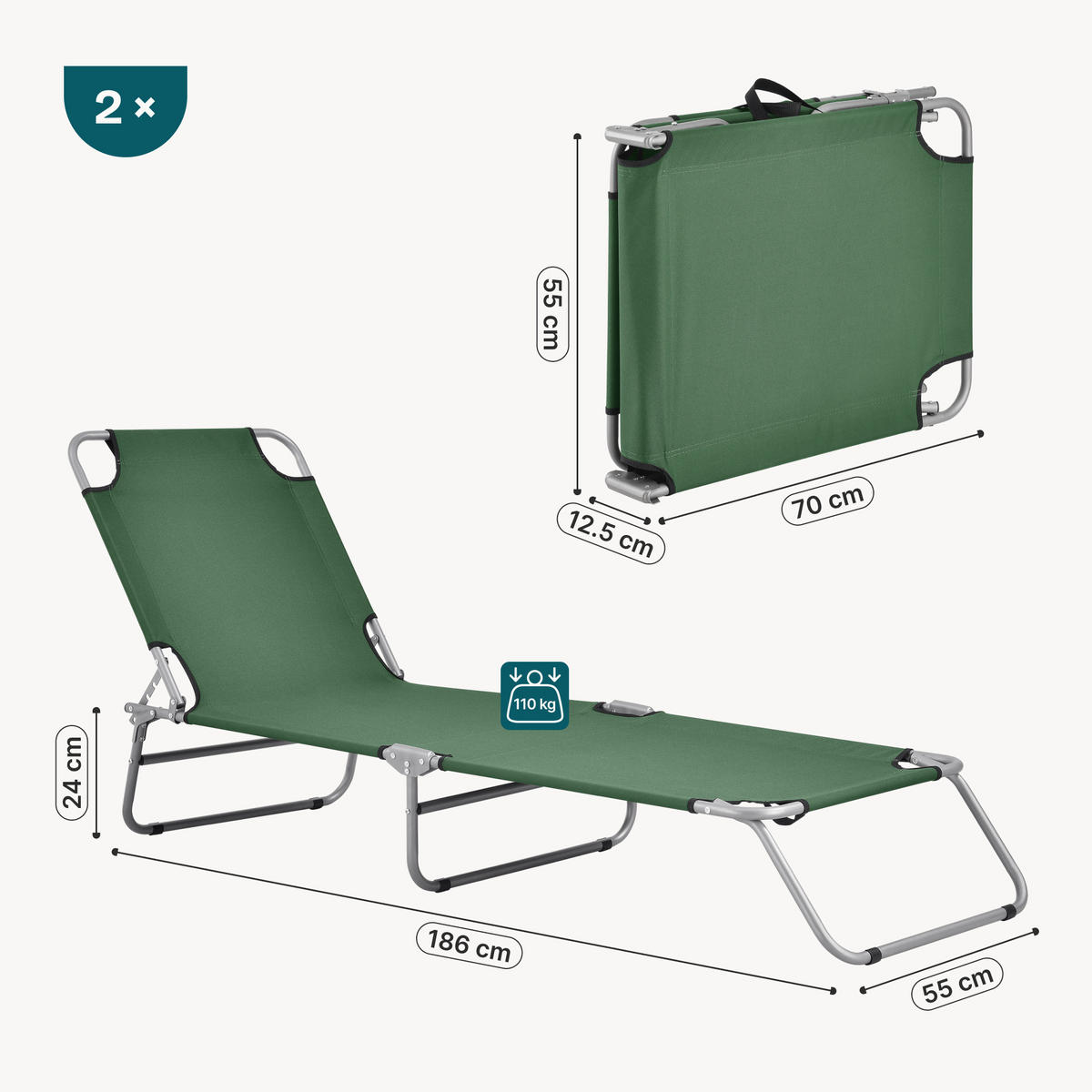 SONNENLIEGE-SET 2 TLG. Carcao - Dunkelgrün, Textil/Metall (186/24/55cm) - casa.pro