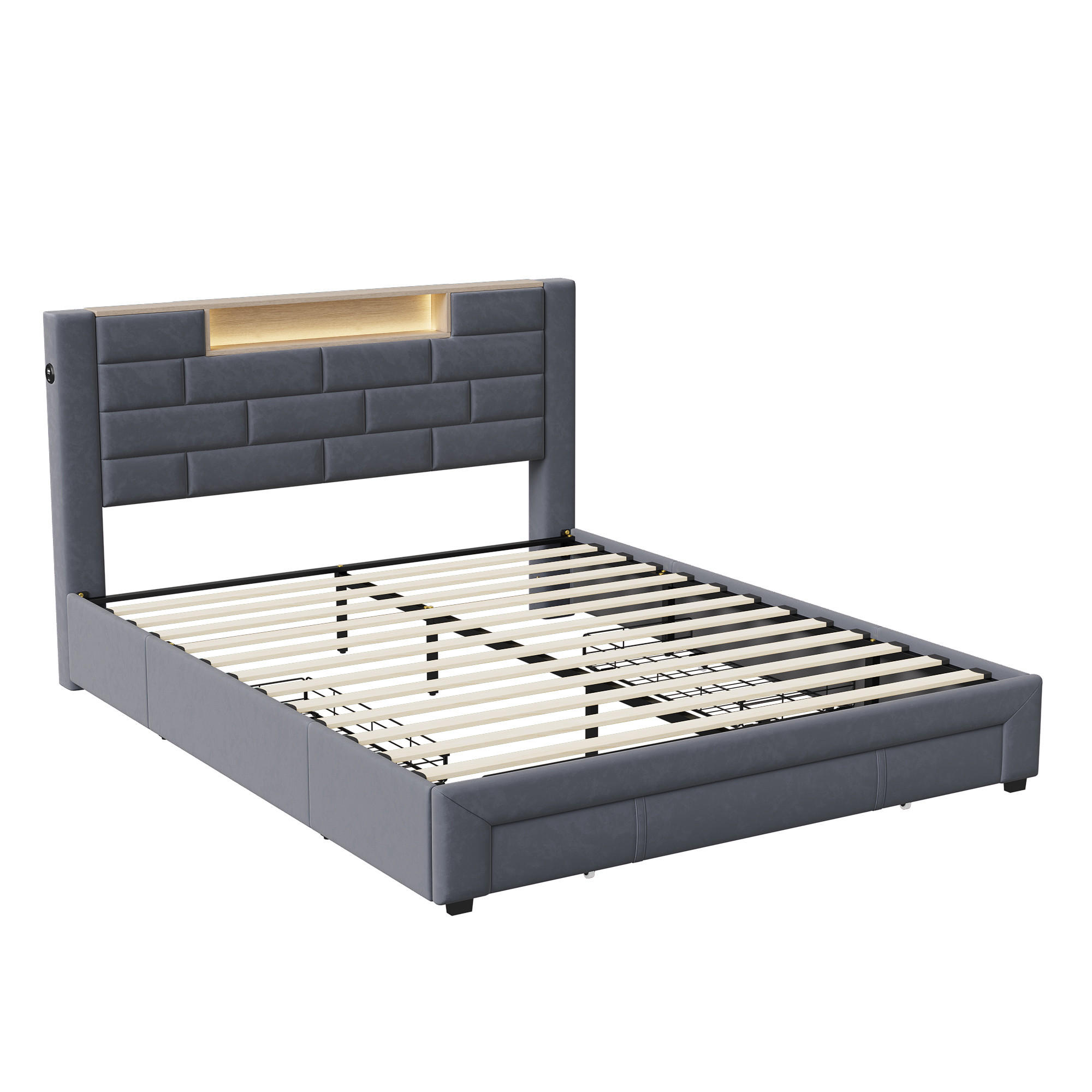 DOPPELBETT 160x200 cm mit Schubladen und Ladefunktion – Samt in Grau - Grau, Holz/Metall (160/200cm) - PARAFTA HOME