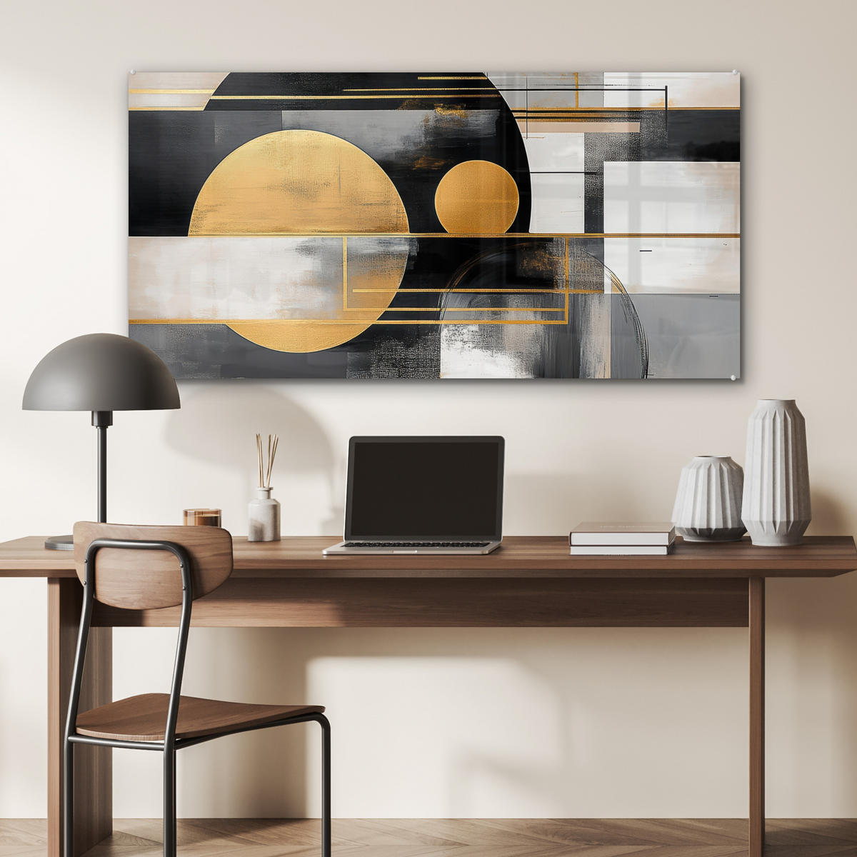ACRYLGLASBILD Abstrakt - Gold - Silber - Formen - Ästhetisch - Modern 120x60 cm - Goldfarben, Glas (120/60cm) - MuchoWow