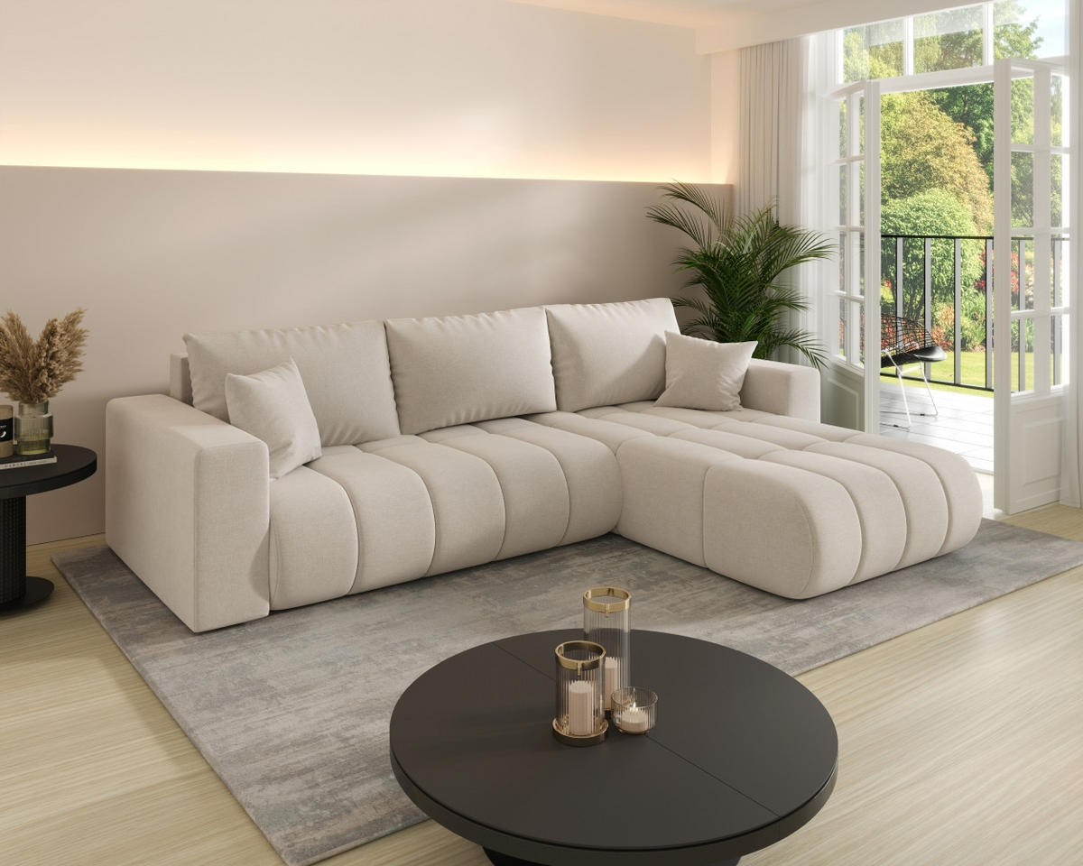 ECKSOFA mit schlaffunktion und bettkasten MILO PREMIUM, stoff WIND, Beige, Rechts - Beige, Holz (280/190cm) - Kaiser Möbel