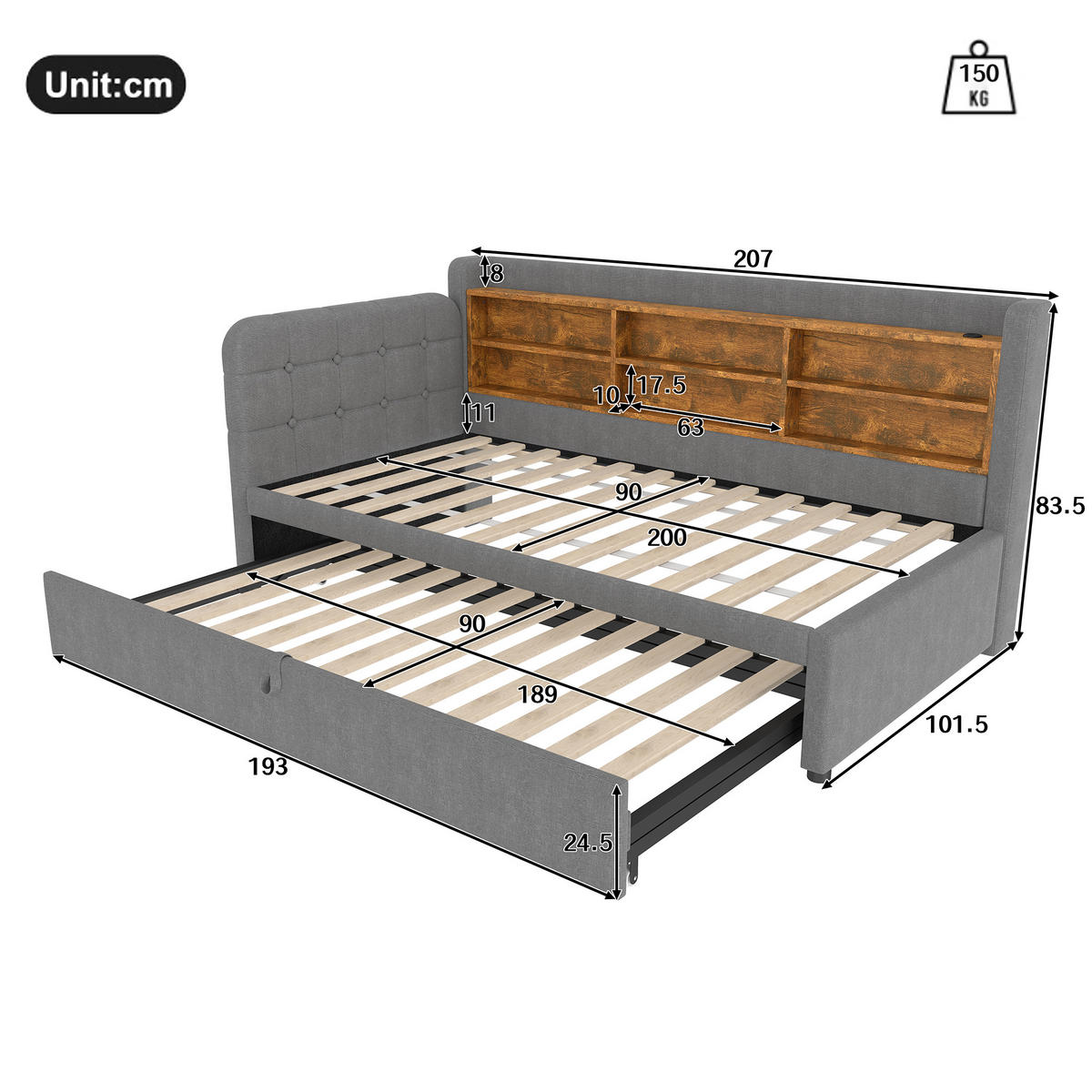 DAYBETT 90/200 cm Grau multifunktionales Ausziehbett mit USB- und Type-C-Anschlüssen aus Leinen - Grau, Textil (90/200cm) - OKWISH