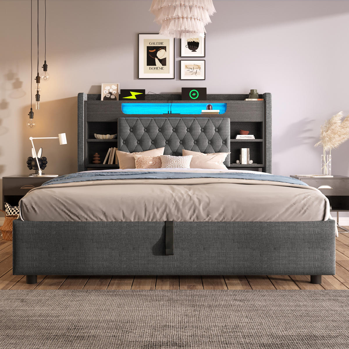 POLSTERBETT 140/190 mit Bettkasten, LED und USB in Grau - Grau, Holzwerkstoff/Textil (140/190cm) - EVRYAE