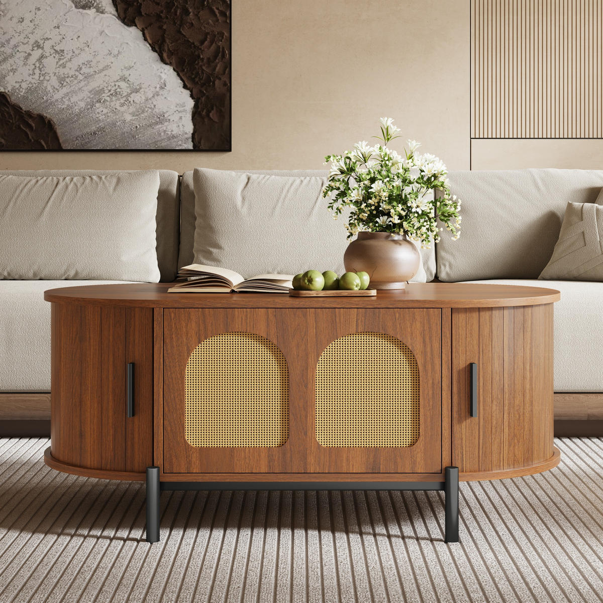 COUCHTISCH in Holzoptik Ovaler Wohnzimmertisch mit Schiebetüren und Stauraum, B100/T50H40(cm) - Schwarz/Braun, Holzwerkstoff/Metall (50/100/40cm) - STILVORA