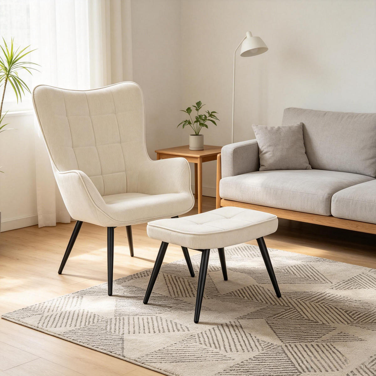OHRENSESSEL mit Hocker, DE-42161, Creme - Creme, Metall (50/97/49cm) - ComfortXL