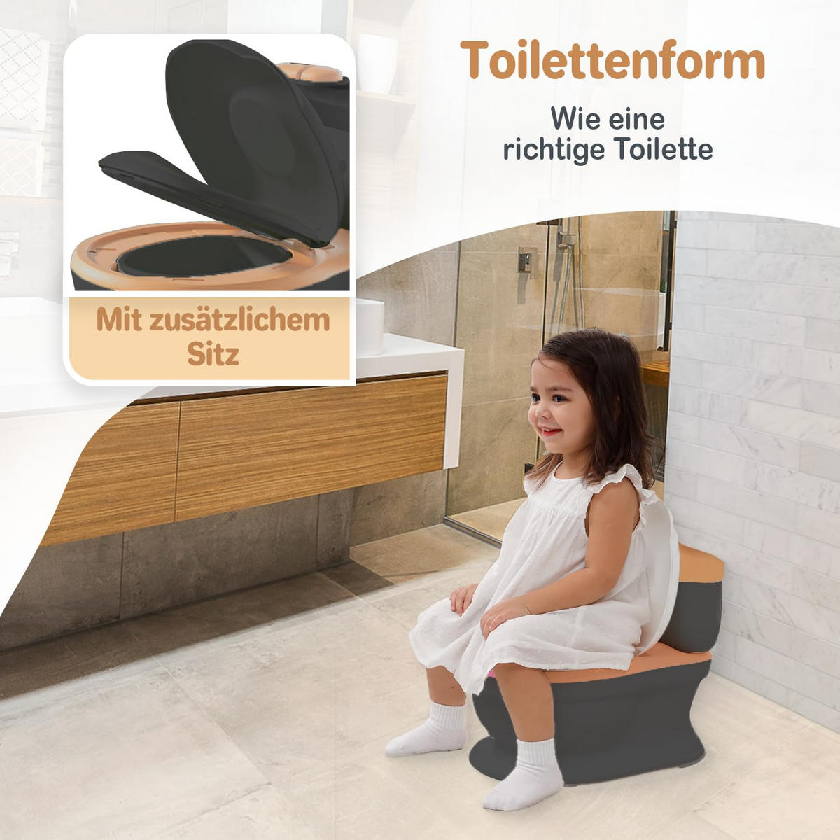 TÖPFCHEN 3-in-1 Potty Trainer & Kindertoilette Schwarz Braun - Schwarz/Braun, Kunststoff (39/40cm) - Twinky