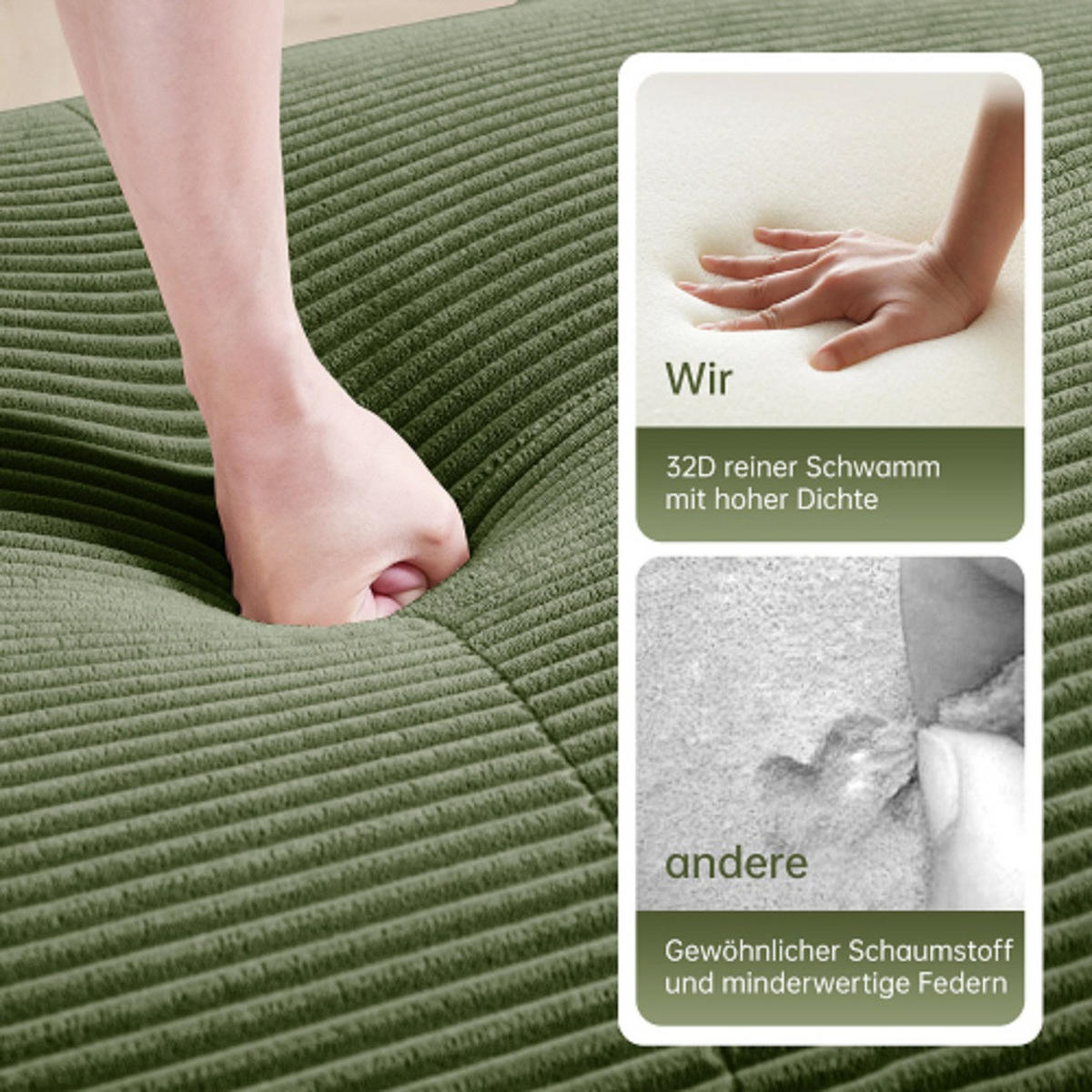 2-SITZER-SOFA aus Cord 208x178x75 cm mit ergonomischen Armlehnen und Chaiselongue, grün - Grün, Textil (178/75/208cm)