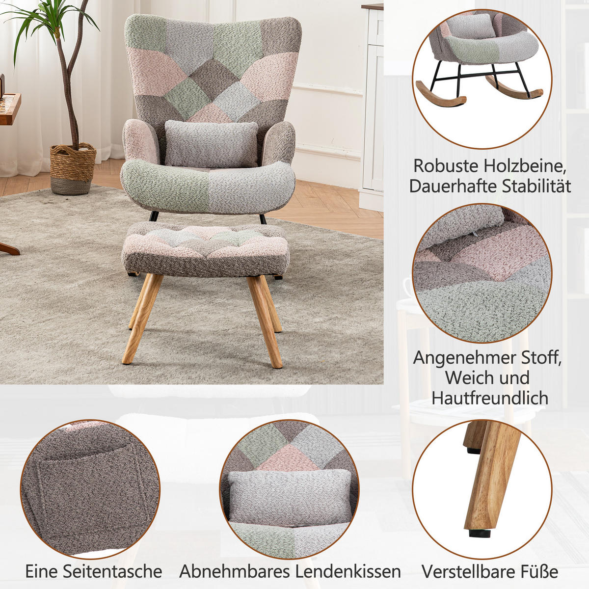 SCHAUKELSTUHL 93 cm bunt mit Fußhocker und Lendenkissen, Bezug aus Samt - Multicolor, Textil (83/91/68cm) - Flora Grace