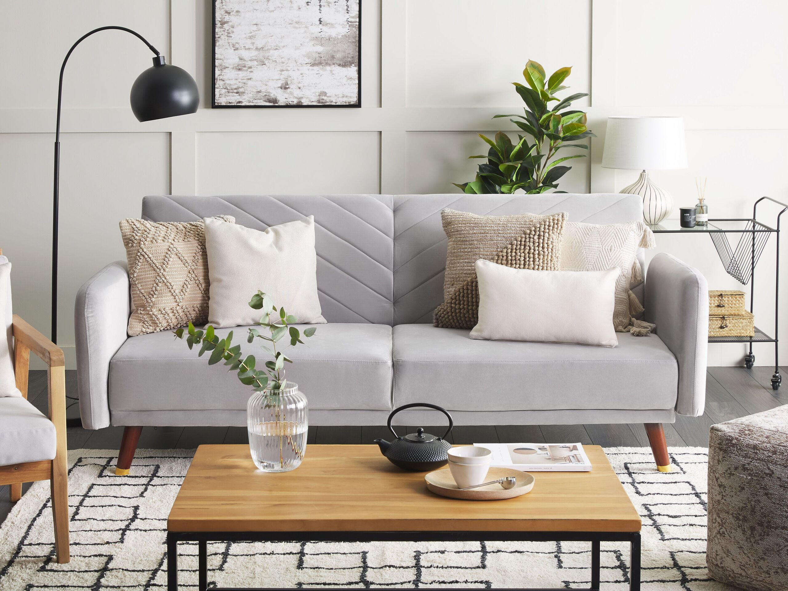 3-SITZER-SCHLAFSOFA Samtstoff Hellgrau Senja - Hellgrau, Textil (200/87/95cm) - Beliani