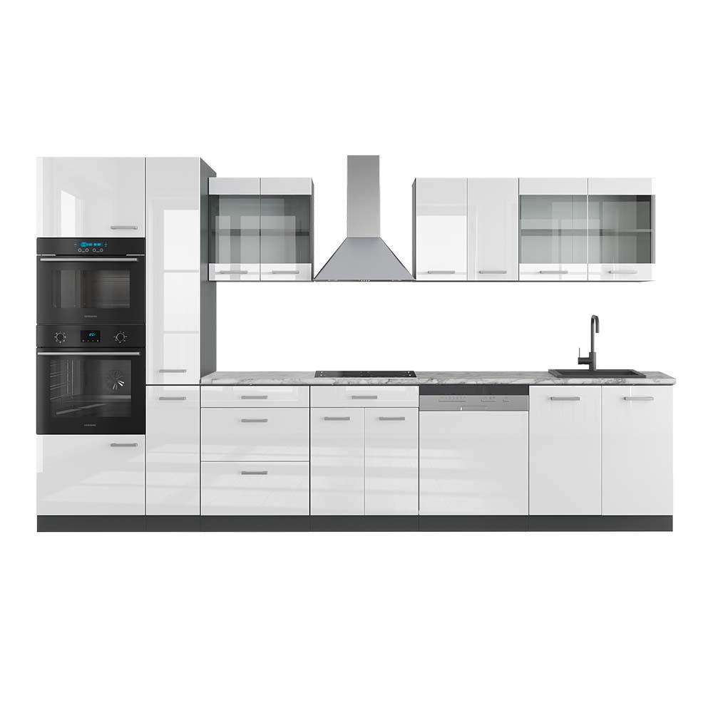 KÜCHENZEILE R-Line Weiß Hochglanz/Anthrazit 350 cm mit Hochschrank AP Marmor - Weiß Hochglanz/Anthrazit, Holzwerkstoff (350/81.6/60cm) - Vicco