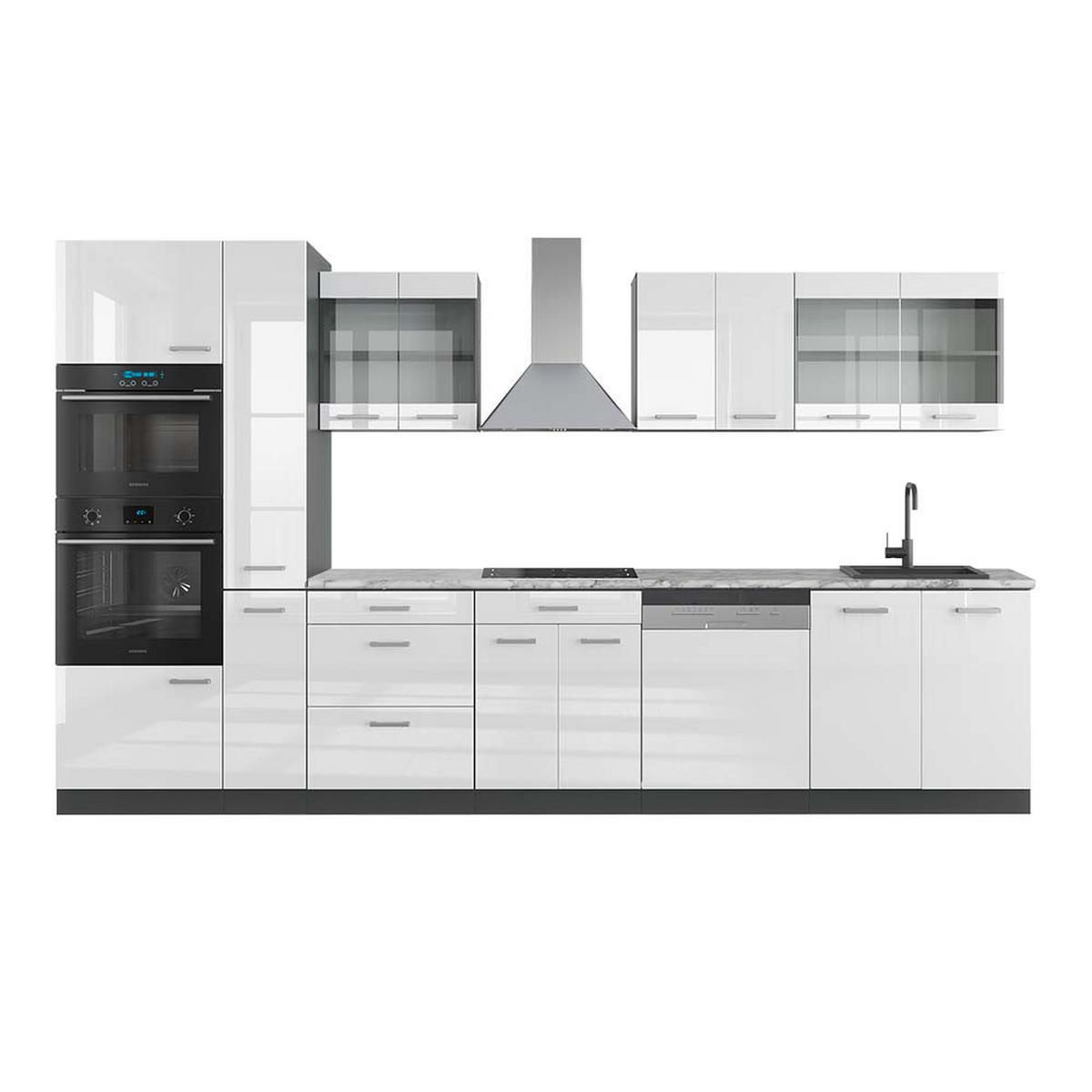 KÜCHENZEILE R-Line Weiß Hochglanz/Anthrazit 350 cm mit Hochschrank AP Marmor - Weiß Hochglanz/Anthrazit, Holzwerkstoff (350/81.6/60cm) - Vicco
